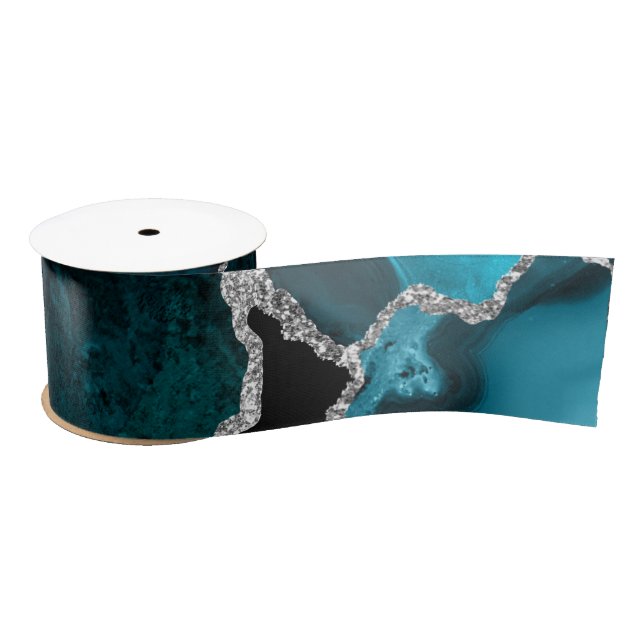 Teal Blue and Silver Faux Glitter Agate Satin Ribbon (Spool)