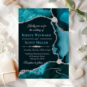 Teal Blue and Silver Glitter Agate Wedding Invitation