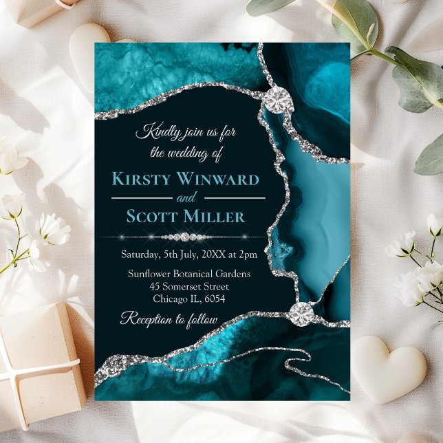 Teal Blue and Silver Glitter Agate Wedding Invitation (Creator Uploaded)