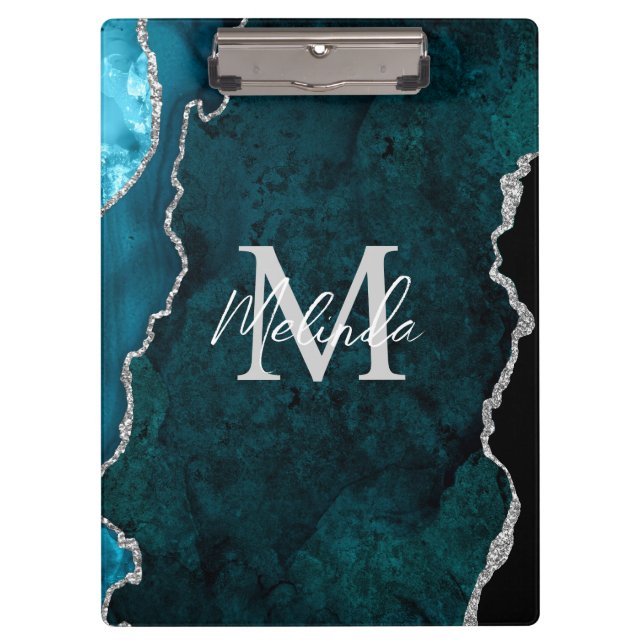 Teal Blue and Silver Marble Agate Clipboard (Front)