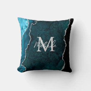 Teal Blue and Silver Marble Agate Cushion