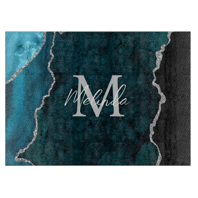 Teal Blue and Silver Marble Agate Cutting Board (Front)