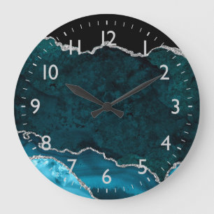 Teal Blue and Silver Marble Agate Large Clock