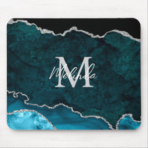 Teal Blue and Silver Marble Agate Mouse Mat