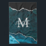 Teal Blue and Silver Marble Agate Tea Towel<br><div class="desc">This kitchen towel features an elegant and glamourous agate marble background with geode gemstone detailing and faux silver glitter accents. The monogram combines handwritten script and modern sans serif fonts for a classy and sophisticated look. This will make the ideal gift as it can be customised with a name and...</div>