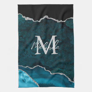 Teal Blue and Silver Marble Agate Tea Towel