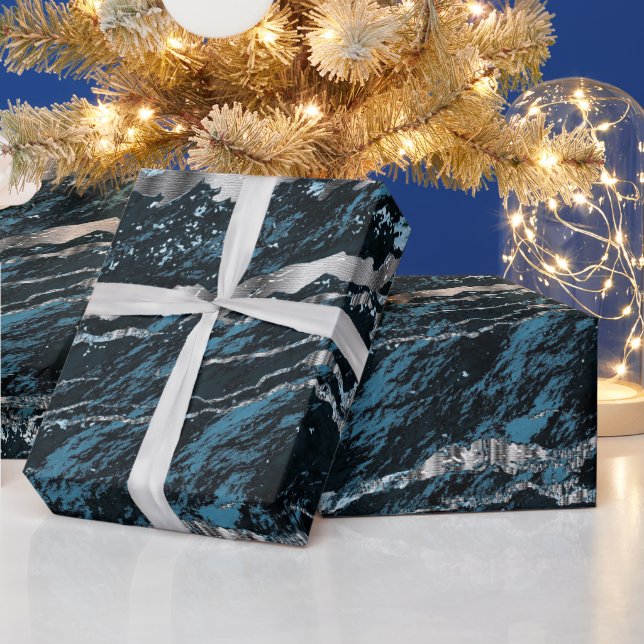 Teal Blue and Silver Marble Texture Look Wrapping Paper (Holidays)