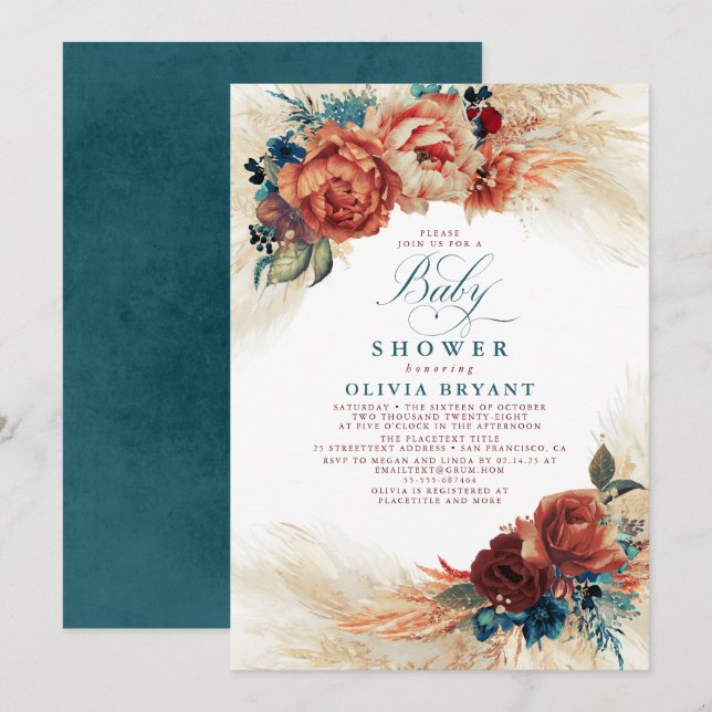 Teal Blue and Terracotta Floral Boho Baby Shower Invitation (Front/Back)