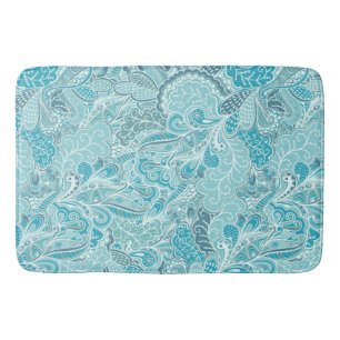 Teal Blue and White Abstract Paisley Print Bath Mat