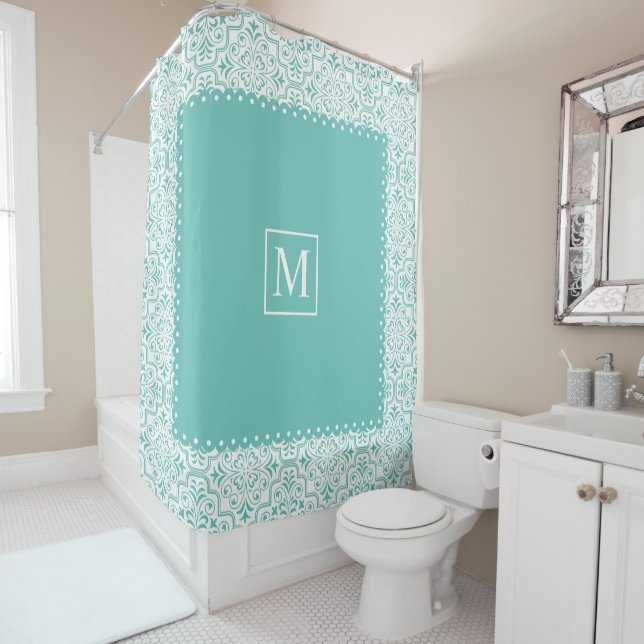Teal blue and white damask pattern and monogram shower curtain (In Situ)