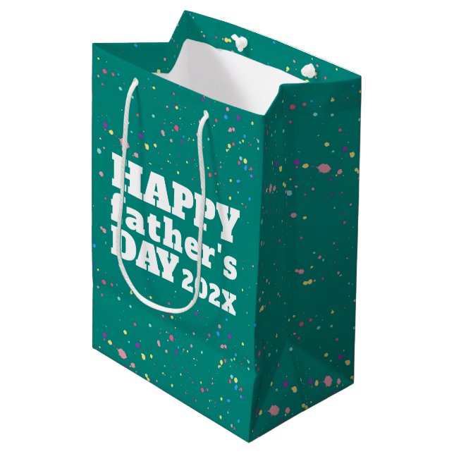 Teal Blue and White Father's Day Paint Splatter Medium Gift Bag (Front Angled)