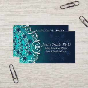Teal, Blue And White Floral Swirls Mandala Business Card