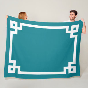 Teal Blue and White Greek Key Border Fleece Blanket