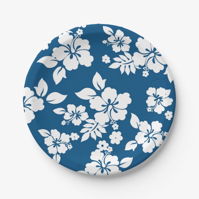 Teal Blue and White Hibiscus floral pattern Paper Plate (Front)
