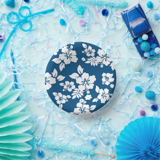 Teal Blue and White Hibiscus Paper Plate (Party)