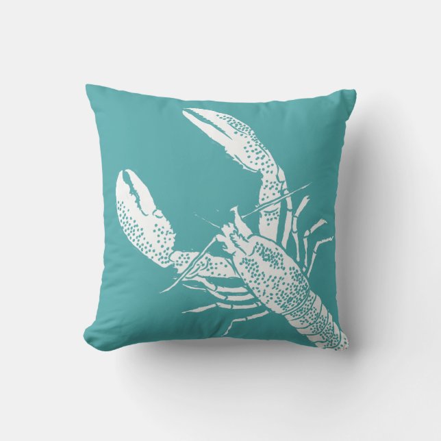 Teal Blue and White Lobster Illustration Cushion (Front)