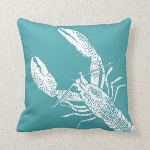 Teal Blue and White Lobster Illustration Cushion