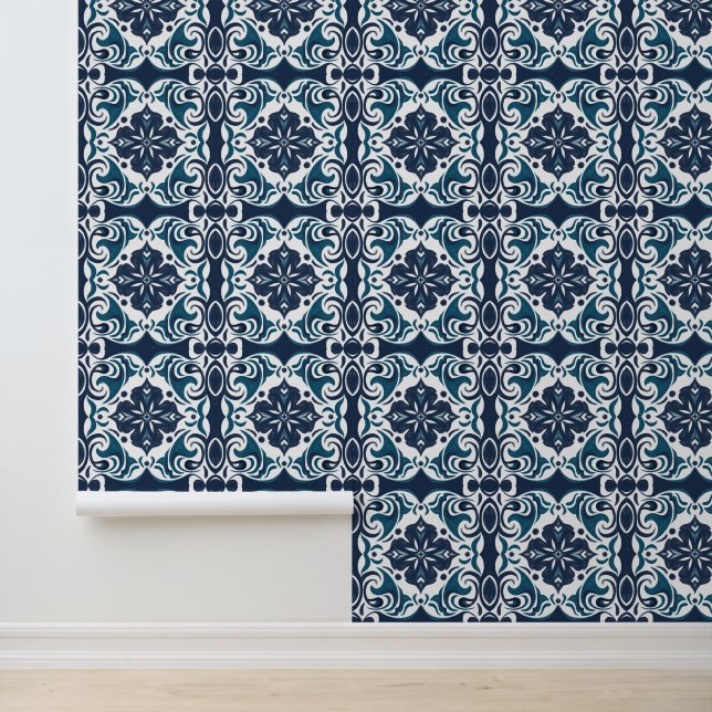 Teal Blue and White Mediterranean Tile Pattern  Wallpaper (Application)