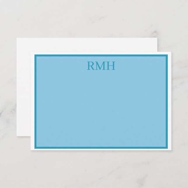 Teal Blue and White Monogrammed Flat Note Card (Front/Back)