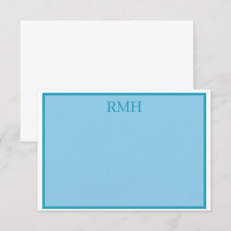Teal Blue and White Monogrammed Flat Note Card