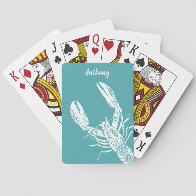 Teal Blue and White Nautical Lobster Playing Cards (Back)