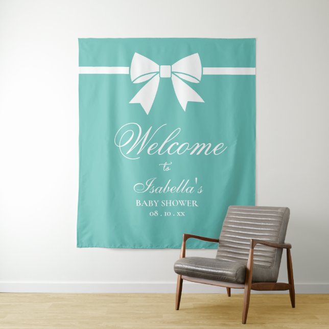 Teal Blue And White Ribbon Bow Baby Shower Welcome Tapestry (In Situ)