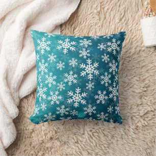 Teal Blue and White Snowflakes Cushion