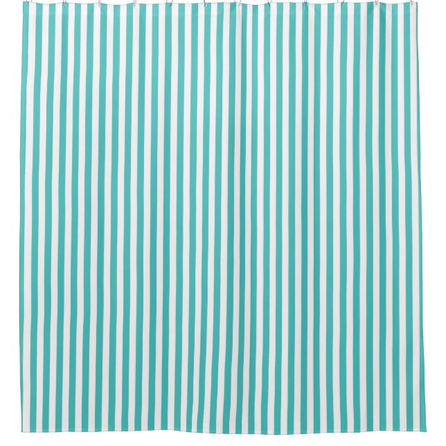Teal Blue and White Striped Shower Curtain (Front)