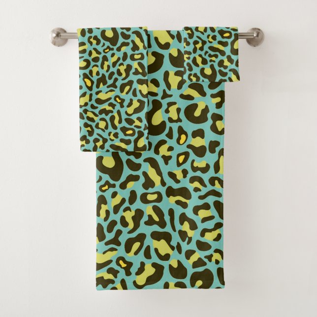 Teal Blue and Yellow Leopard Print Trendy Bath Towel Set (Insitu)