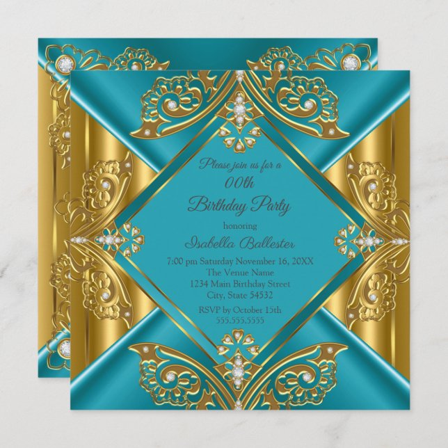 Teal Blue Any Age Birthday Party Gold Diamond Invitation (Front/Back)