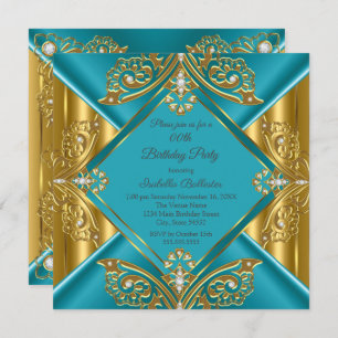 Teal Blue Any Age Birthday Party Gold Diamond Invitation