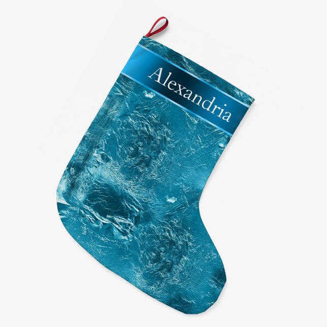 Teal Blue Aqua Glam Christmas Name Large Christmas Stocking (Front (Hanging))