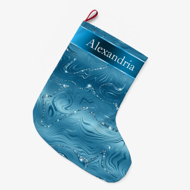 Teal Blue Aqua Glam Glitz Christmas Name Large Christmas Stocking (Front (Hanging))