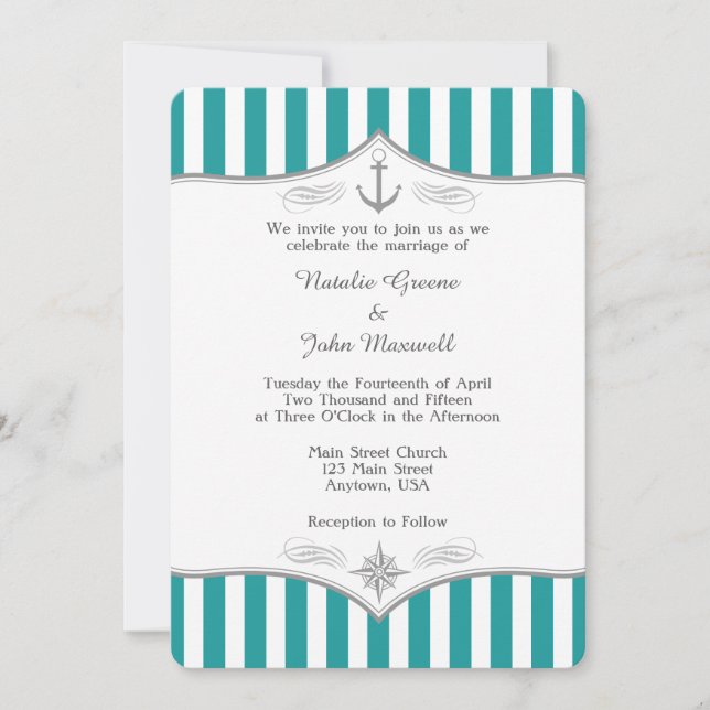 Teal Blue Aqua Grey Nautical Wedding Invitation (Front)