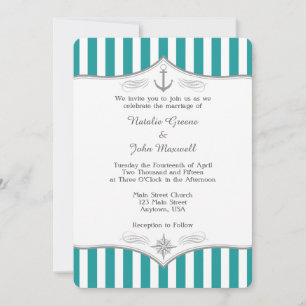 Teal Blue Aqua Grey Nautical Wedding Invitation