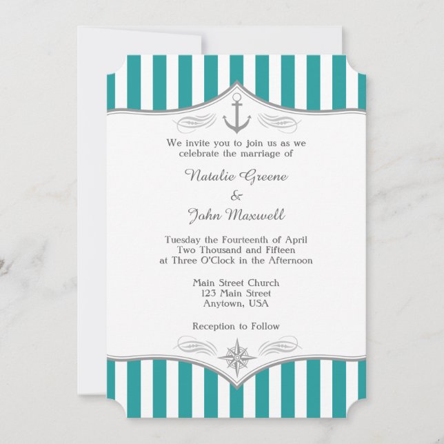 Teal Blue Aqua Grey Nautical Wedding Invitation (Front)