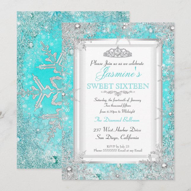 Teal Blue Aqua Silver Winter Wonderland Sweet 16 Invitation (Front/Back)