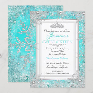 Teal Blue Aqua Silver Winter Wonderland Sweet 16 Invitation