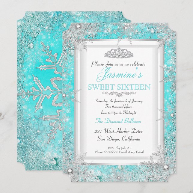 Teal Blue Aqua Silver Winter Wonderland Sweet 16 Invitation (Front/Back)