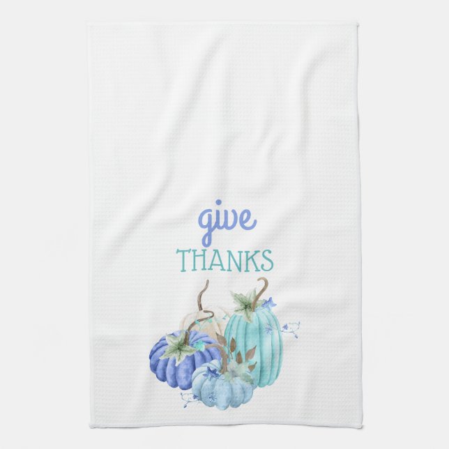 Teal Blue Aqua Taupe Pumpkin Autumn Fall Tea Towel (Vertical)