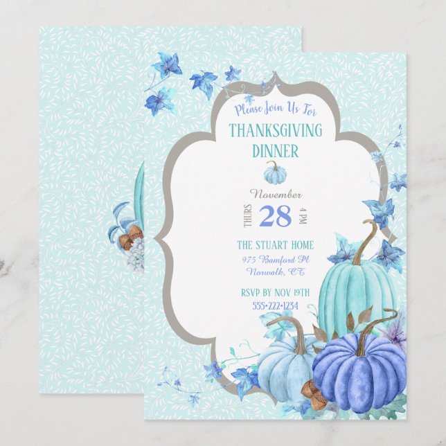Teal Blue Aqua Taupe Pumpkin Thanksgiving Invitation (Front/Back)