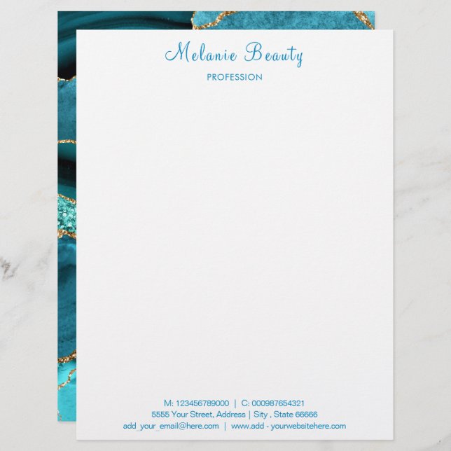 Teal Blue Aqua Tirquoise Your Text Info Letterhead (Front/Back)
