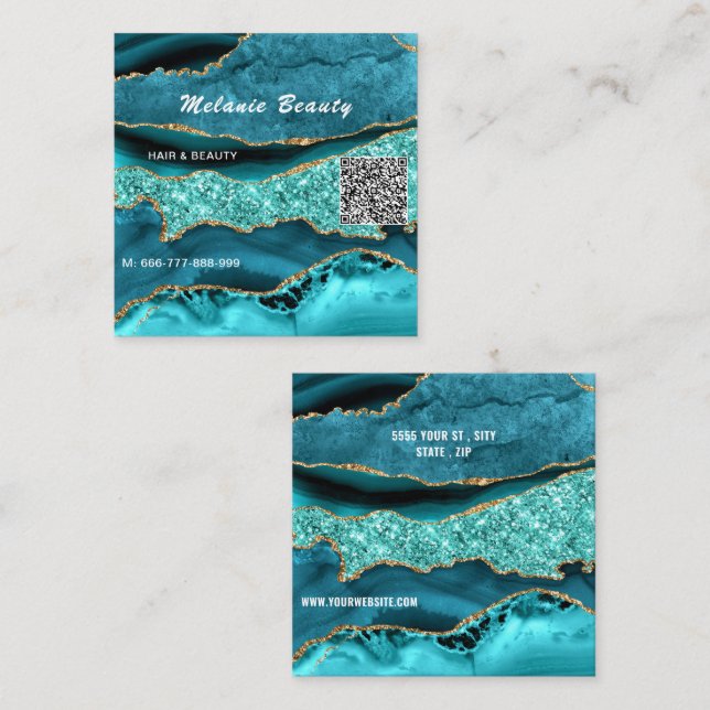 Teal Blue Aqua Turquoise QR Code Business Card (Front/Back)