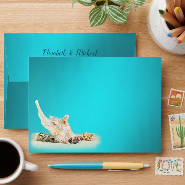 Teal Blue Aqua Turquoise Seashell Beach Wedding  Envelope (Desk)