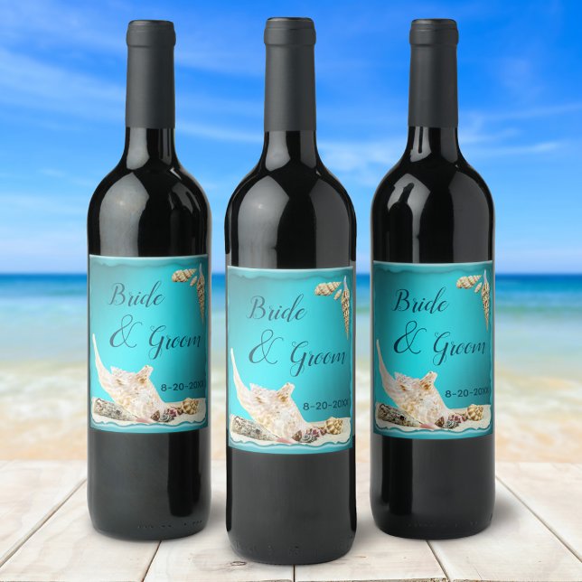 Teal Blue Aqua Turquoise Seashell Beach Wedding Wine Label (Creator Uploaded)
