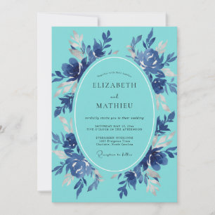 Teal Blue Artistic Floral Wedding Invitation