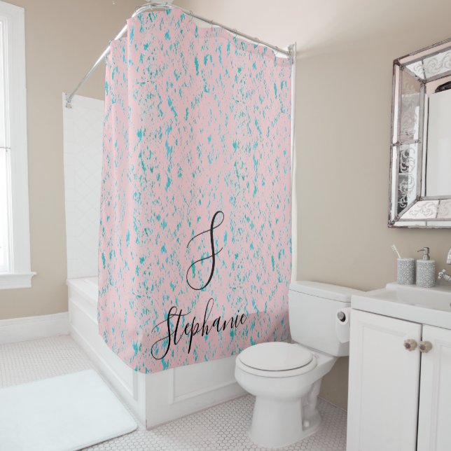 Teal Blue Artsy Patterns Monograms Name Blush Pink Shower Curtain (In Situ)
