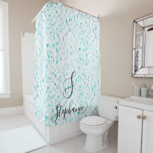 Teal Blue Artsy Patterns Monograms Name White Cool Shower Curtain