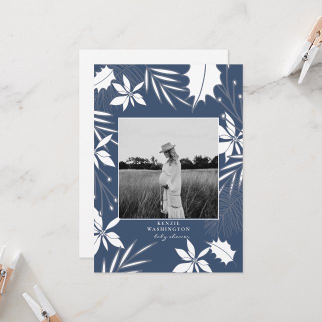 Teal Blue B/W  Photo Baby Shower Invitation (Front/Back In Situ)