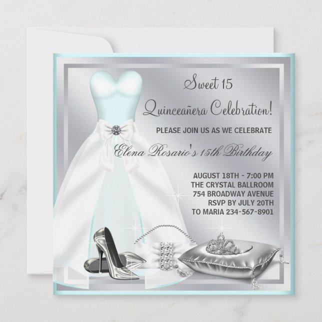 Teal Blue Ball Gown High Heels Teal Quinceanera Invitation (Front)